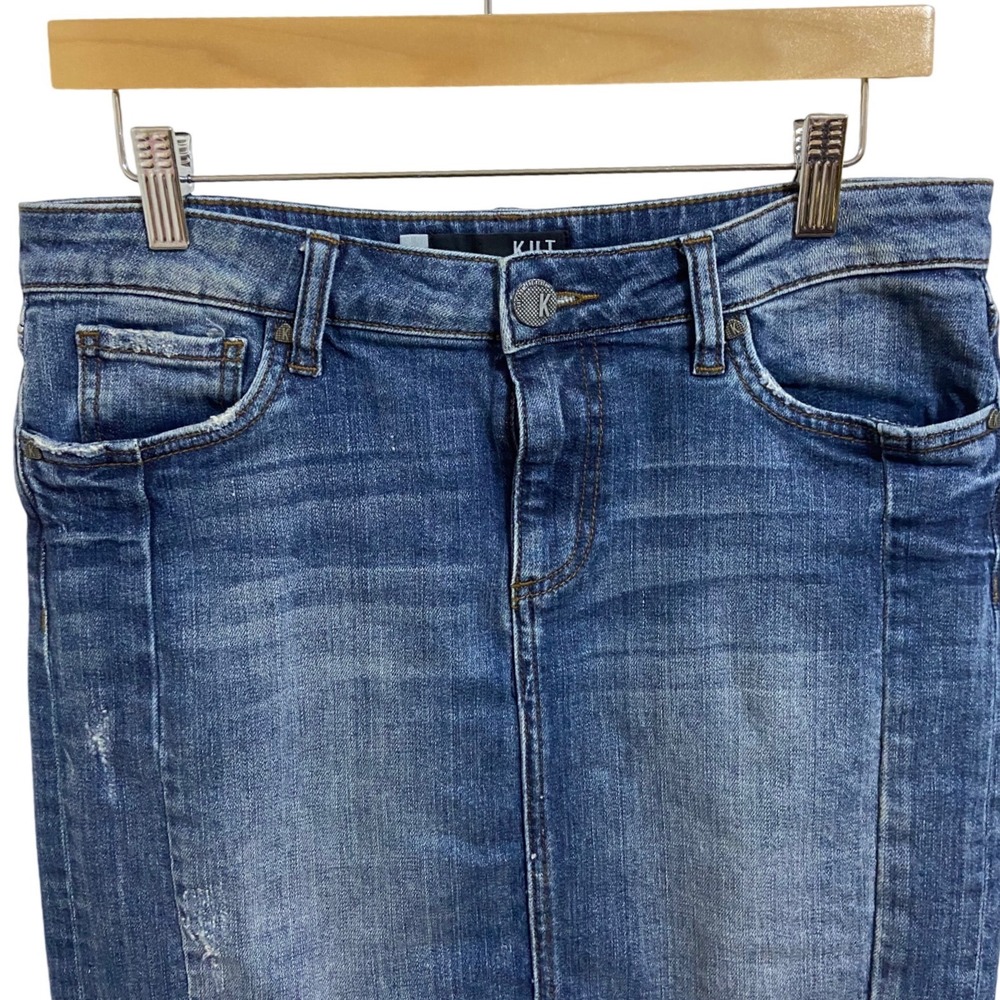 KUT from the Kloth Connie Denim Skirt Medium Wash Raw Hem Size 8 Distressed Slit - Picture 9 of 13
